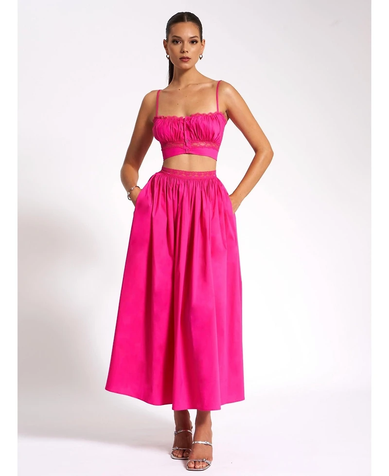 Miss Circle Women's Maya Fuchsia Cotton Poplin Top With Lace Trim