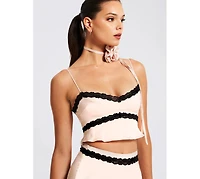 Miss Circle Women's Yareli Beige Lace Trim Satin Strappy Top