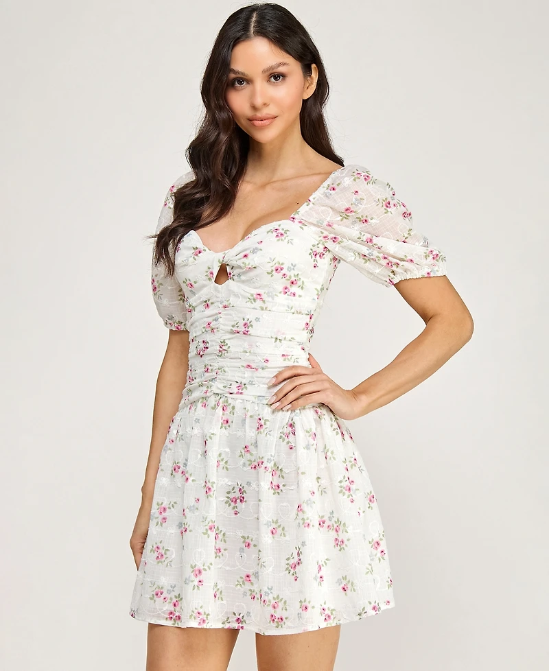 City Studios Juniors' Embroidered Floral Puff-Sleeve Cutout Dress