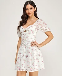 City Studios Juniors' Embroidered Floral Puff-Sleeve Cutout Dress