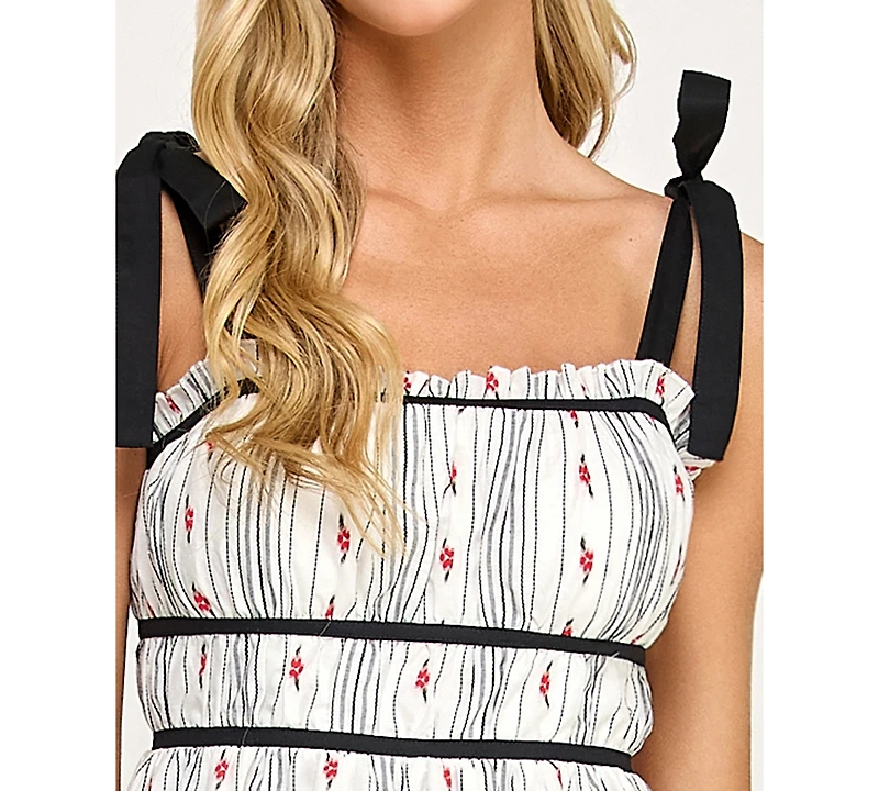 Seni & Cade Juniors' Embroidered Floral Stripe With Tie Shoulders Dress