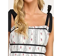 Seni & Cade Juniors' Embroidered Floral Stripe With Tie Shoulders Dress