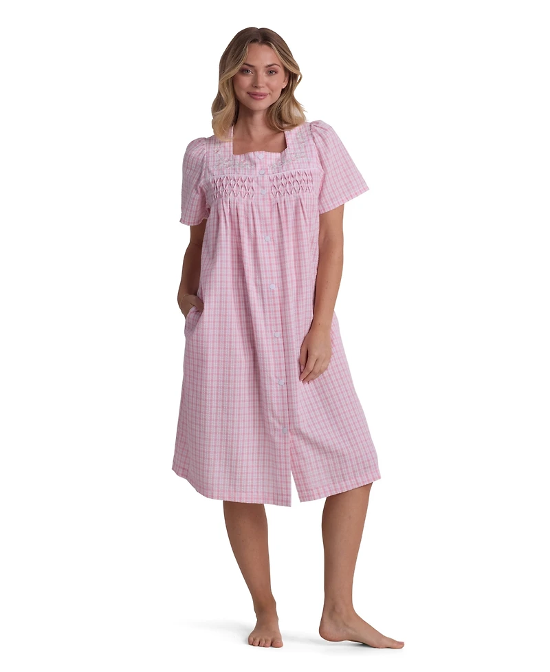 Miss Elaine Women's Window Pane Printed Square Neck Short Grip Robe