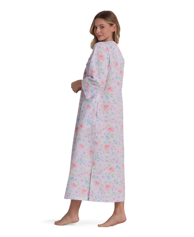 Miss Elaine Women's Round Neck Printed Long Zip Robe