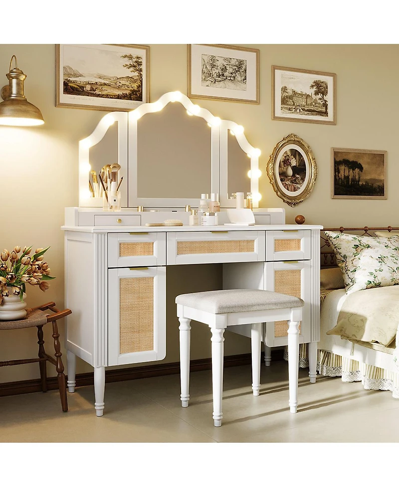Streamdale Furniture Makeup Vanity Desk with 13 Hollywood Bulbs, 3 Lighting Modes, Tri-Fold Mirror, 5 Drawers