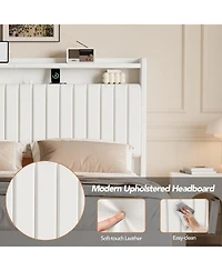 gaomon Floating Bed Frame with Led Lights and Charging Station,Upholstered Platform Headboard Storage Shelf