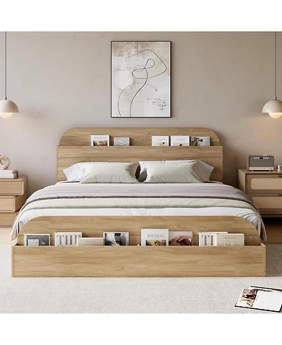 gaomon Wooden Bed Frame with Storage Headboard & Raised Footboard, Low Platform Design