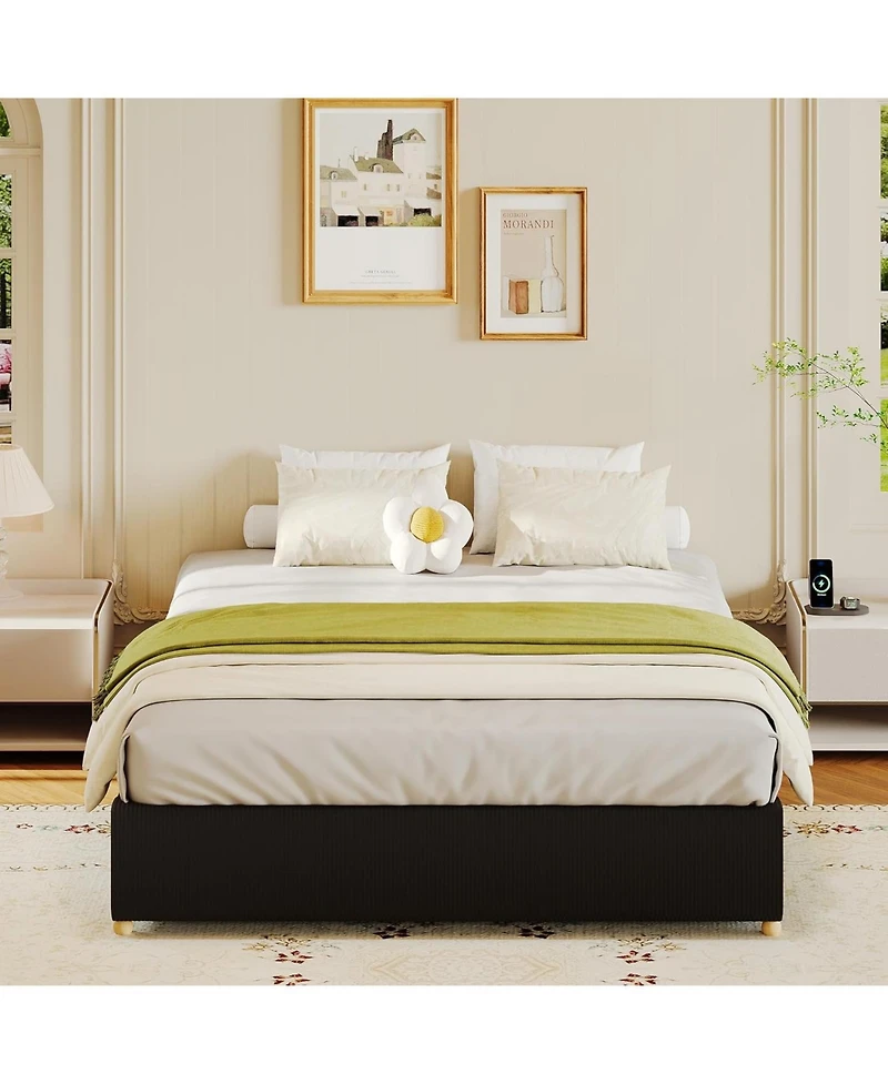 gaomon Platform Bed Frame with Upholstered Headboard and Wooden Slats Support