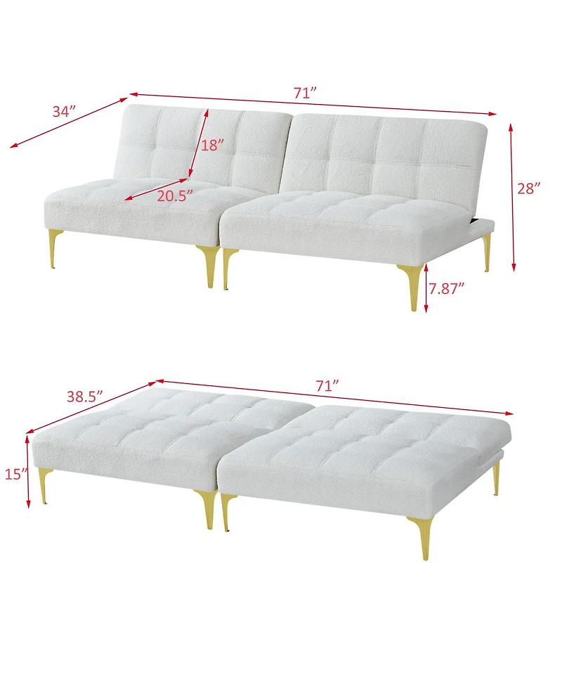 Streamdale Furniture Convertible sofa bed futon with gold metal legs teddy fabric
