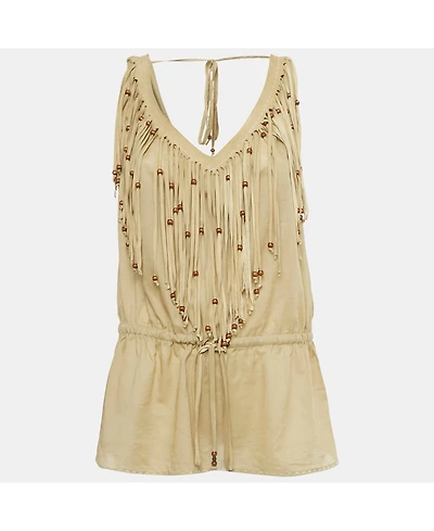 Pre-Owned Dolce & Gabbana Women's Pre-Owned D&g Khaki Cotton & Suede Fringe Detail Sleeveless Top