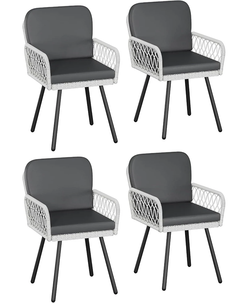 gaomon Patio Dining Chairs Set of 4 with Black Metal Frame & White Hand-Woven Rattan, Porch Armchairs with Cushion for Indoor, Garden, Balcony, Deck