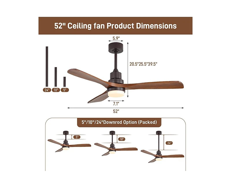 Sofucor 52-inch Modern Brown 3-Blade Ceiling Fan with Remote Control and Light Kit