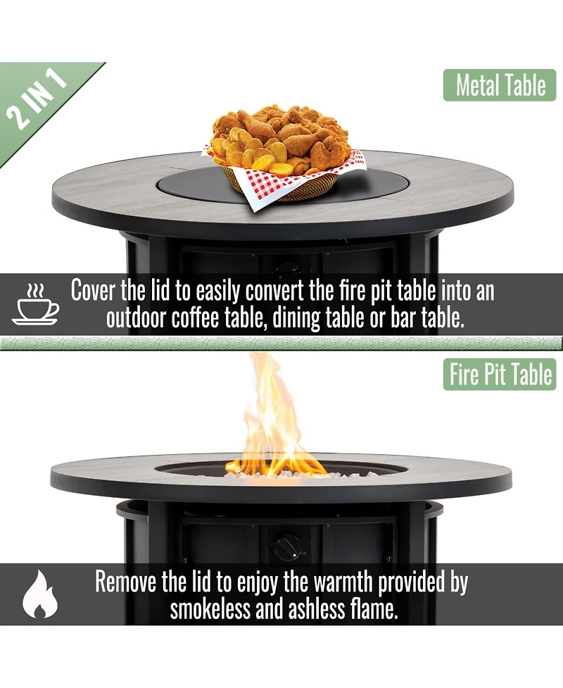 Flynama 30 Inch Propane Gas Fire Pit Table 50000 Btu Round Steel with Wood Grain Ceramic Tabletop Black for Outdoor Patio Garden