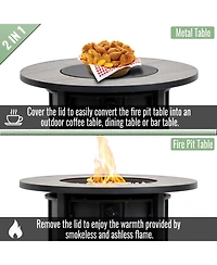 Flynama 30 Inch Propane Gas Fire Pit Table 50000 Btu Round Steel with Wood Grain Ceramic Tabletop Black for Outdoor Patio Garden