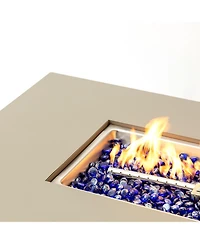 Flynama 48 Inch Iron Fire Pit Table with Wood Grain Stainless Steel Burner Waterproof Cover Easy Control Propane Fire Table