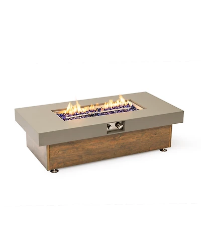 Flynama 48 Inch Iron Fire Pit Table with Wood Grain Stainless Steel Burner Waterproof Cover Easy Control Propane Fire Table