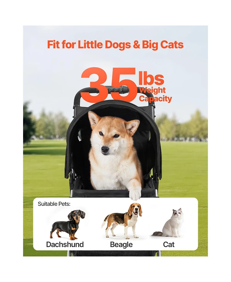 Aostirmotor 3-Wheel Foldable Dog Stroller for Travel, with Brake, Holds up to 35lbs