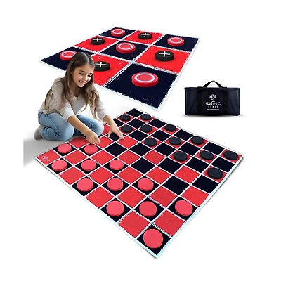 Swooc 2-in-1 Vintage Giant Checkers & Tic Tac Toe Game W/ Mat - 100% Machine-Washable Canvas With Big Foam Discs