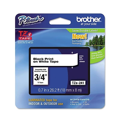 Brother P-Touch Tze241 0.7 in. x 26.2 ft. TZE Standard Adhesive Laminated Labeling Tape - Black on White