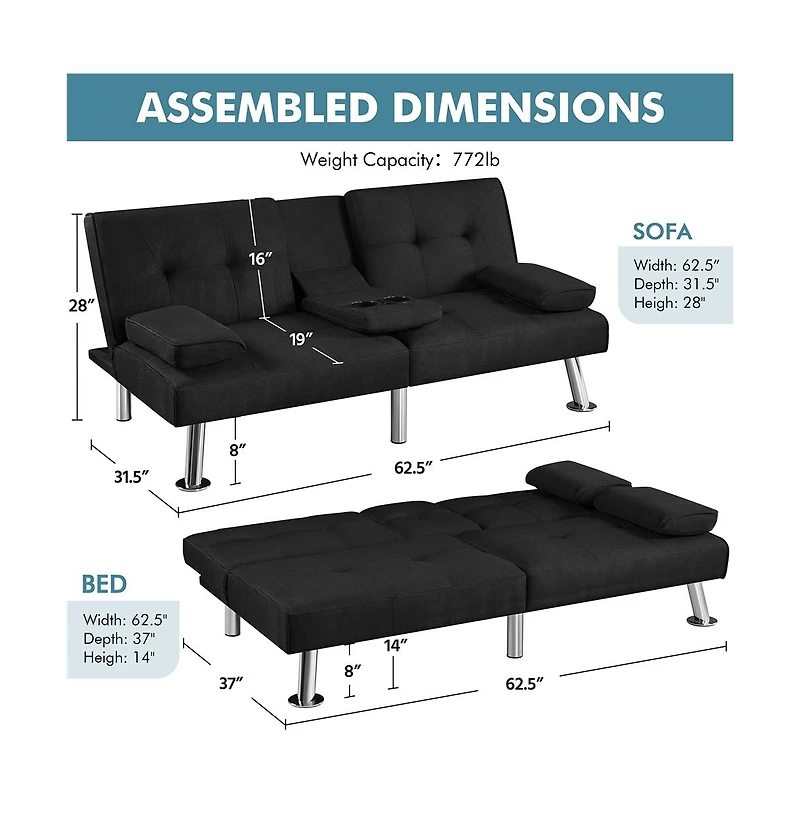 Yaheetech Fabric Upholstered Convertible Futon Sofa Bed for Small Space, Black