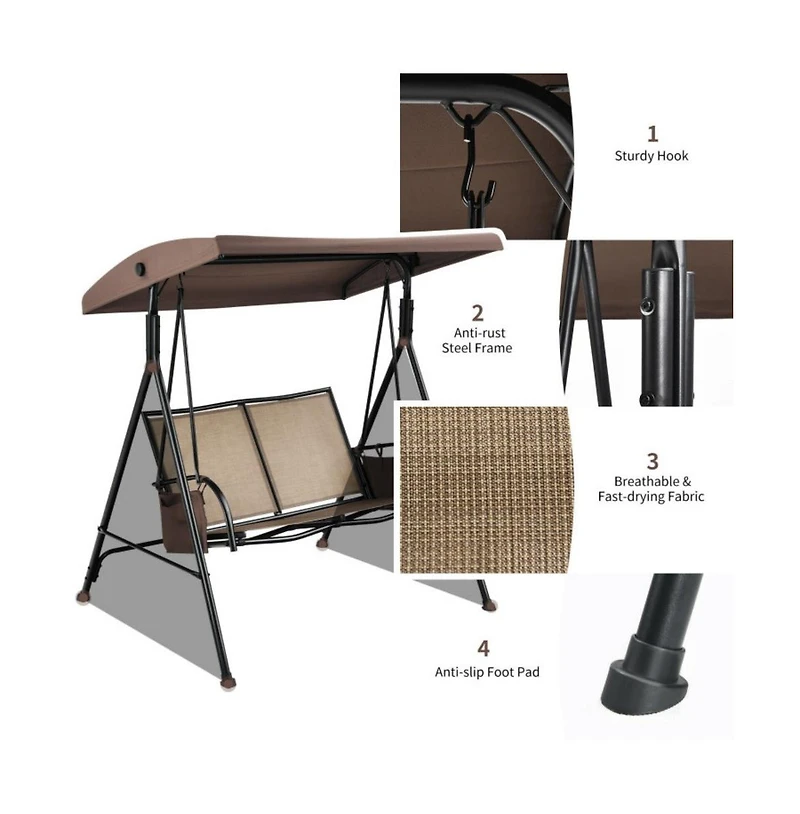 2-Person Patio Swing with Adjustable Canopy and 2 Storage Pocket