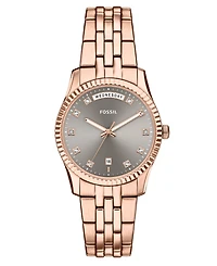 Fossil Women's Scarlette Three-Hand Day-Date Rose Gold-Tone Stainless Steel Watch, 34mm