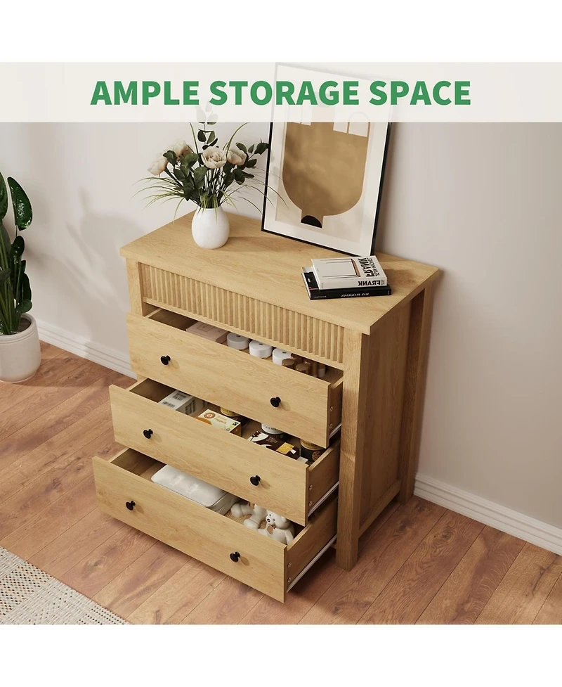 gaomon 3 Drawer Dresser, Modern Fluted Nightstand, Wooden Chest of Drawers, Storage End Table Organizer for Bedroom