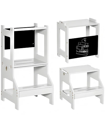 Hongge Kids Kitchen Helper Stool with Chalkboard Convertible Table Design