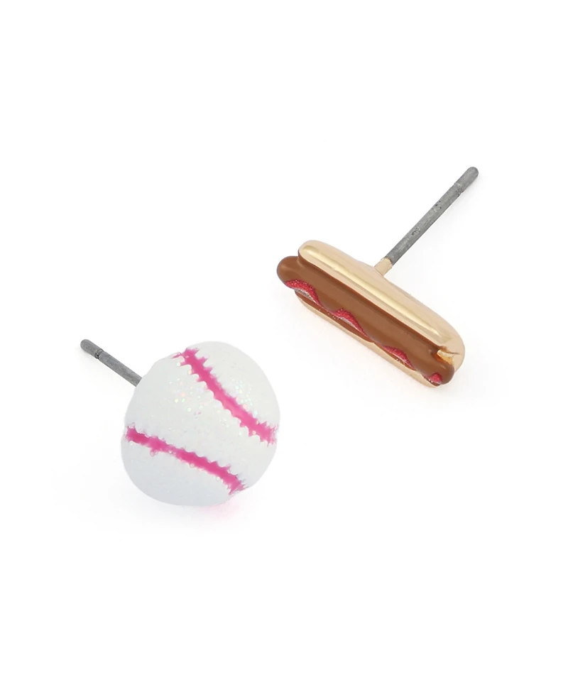Betsey Johnson White Baseball Hotdog Mismatch Stud Earrings