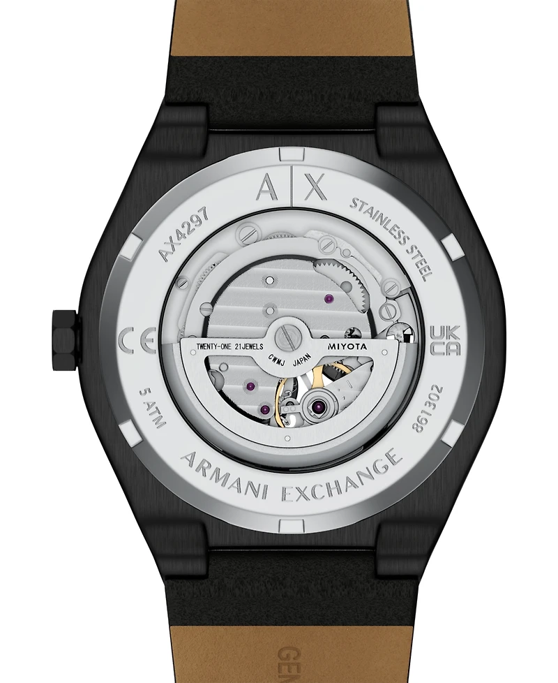 Armani Exchange Men's Sync Automatic Black Leather Watch, 44mm