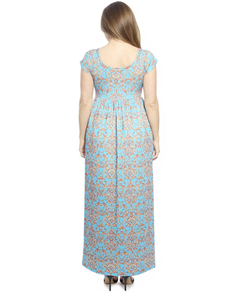 24seven Comfort Apparel Plus Abstract Cap Sleeve Pleated Maxi Dress