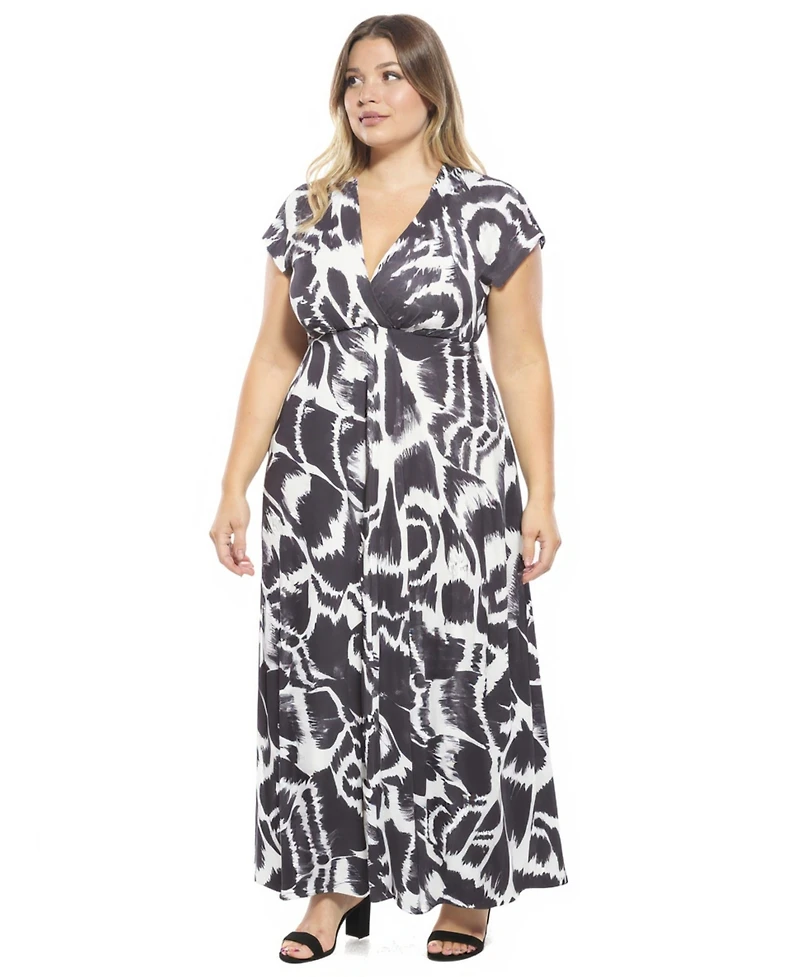 24seven Comfort Apparel Plus Abstract Empire Waist Cap Sleeve Dress