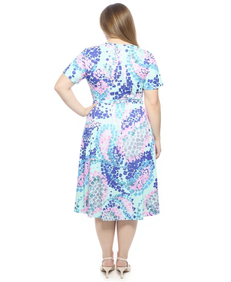 24seven Comfort Apparel Plus Abstract V-Neck A-Line Midi Dress