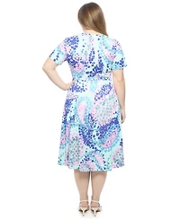 24seven Comfort Apparel Plus Abstract V-Neck A-Line Midi Dress