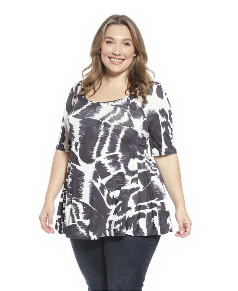 24seven Comfort Apparel Plus Abstract Scoop Neck Elbow Sleeve Tunic Top