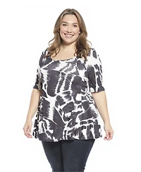 24seven Comfort Apparel Plus Abstract Scoop Neck Elbow Sleeve Tunic Top