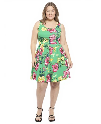 24seven Comfort Apparel Plus Floral Pleated Pocket Skater Dress