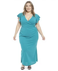 24seven Comfort Apparel Plus Tulip Hem Faux Wrap Maxi Dress