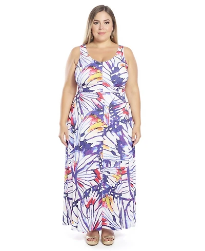 24seven Comfort Apparel Plus Butterfly Scoop Neck A-Line Maxi Dress