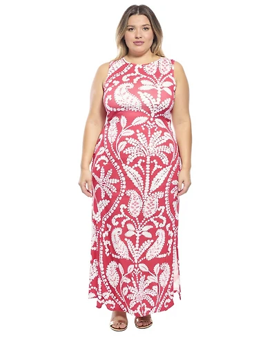 24seven Comfort Apparel Plus Paisley Side Slit Bodycon Maxi Dress