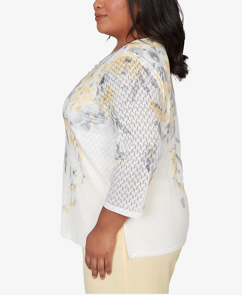 Alfred Dunner Plus Al Fresco Textured Floral Crew Neck Top