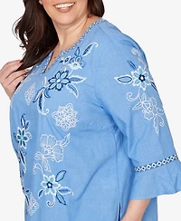 Alfred Dunner Plus Mykonos Floral Textured Embroidered Split Neck Top
