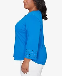 Alfred Dunner Plus Mykonos Eyelet Sleeve Solid Top with Necklace