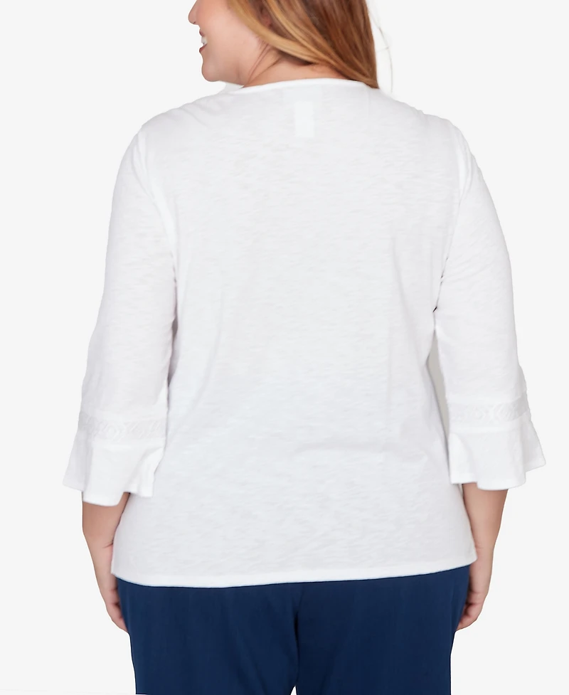 Alfred Dunner Plus Mykonos White Medallion Embroidered Top