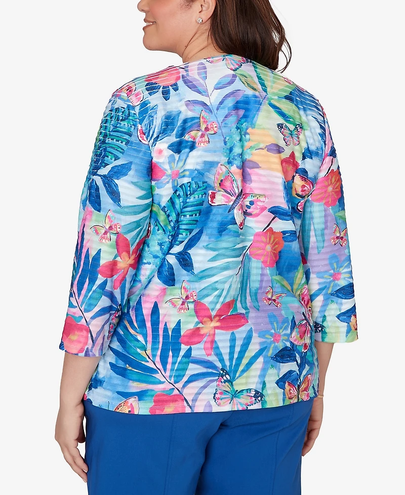 Alfred Dunner Plus The Royal Treatment Tropical Butterfly Ruffle Textured Top