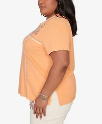 Alfred Dunner Plus Beachcomber Embroidered Floral Neck Short sleeve Top