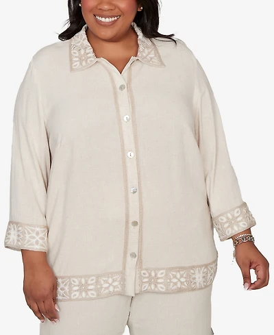 Alfred Dunner Plus Natural Wonder Embellished Crochet Trim Linen Jacket