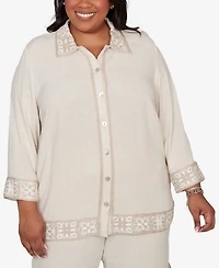 Alfred Dunner Plus Natural Wonder Embellished Crochet Trim Linen Jacket