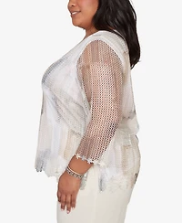 Alfred Dunner Plus Natural Wonder Neutral Brushstrokes Mesh Top