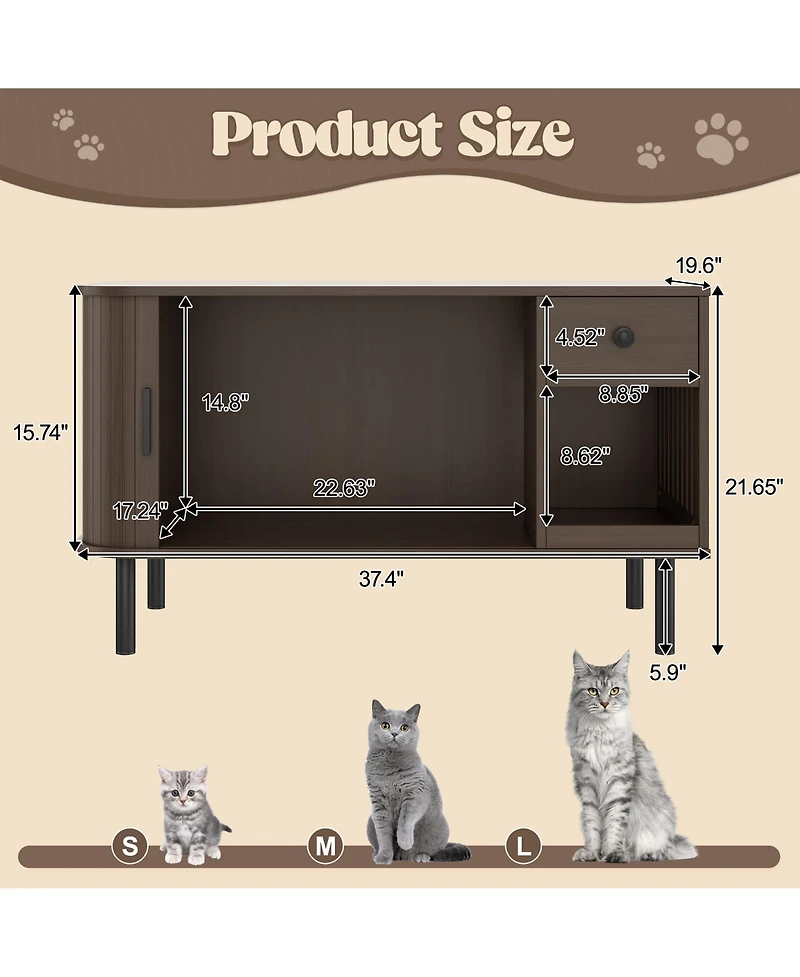 Aostirmotor 37.4" Hidden Litter Box Enclosure with Sliding Door, Drawer & Charging Station ,Brown